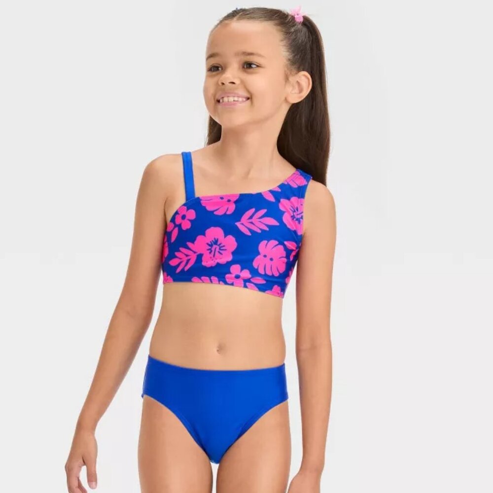 NWT Cat & Jack Tropical Blue Pink Floral Girls Bikini Size XS (4/5)